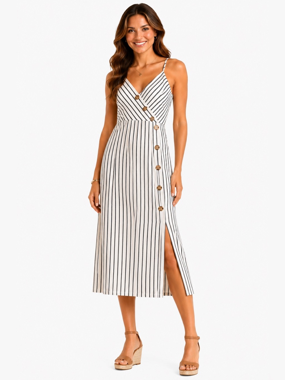 Abercrombie & Fitch White Striped V-Neck Button Midi Dress